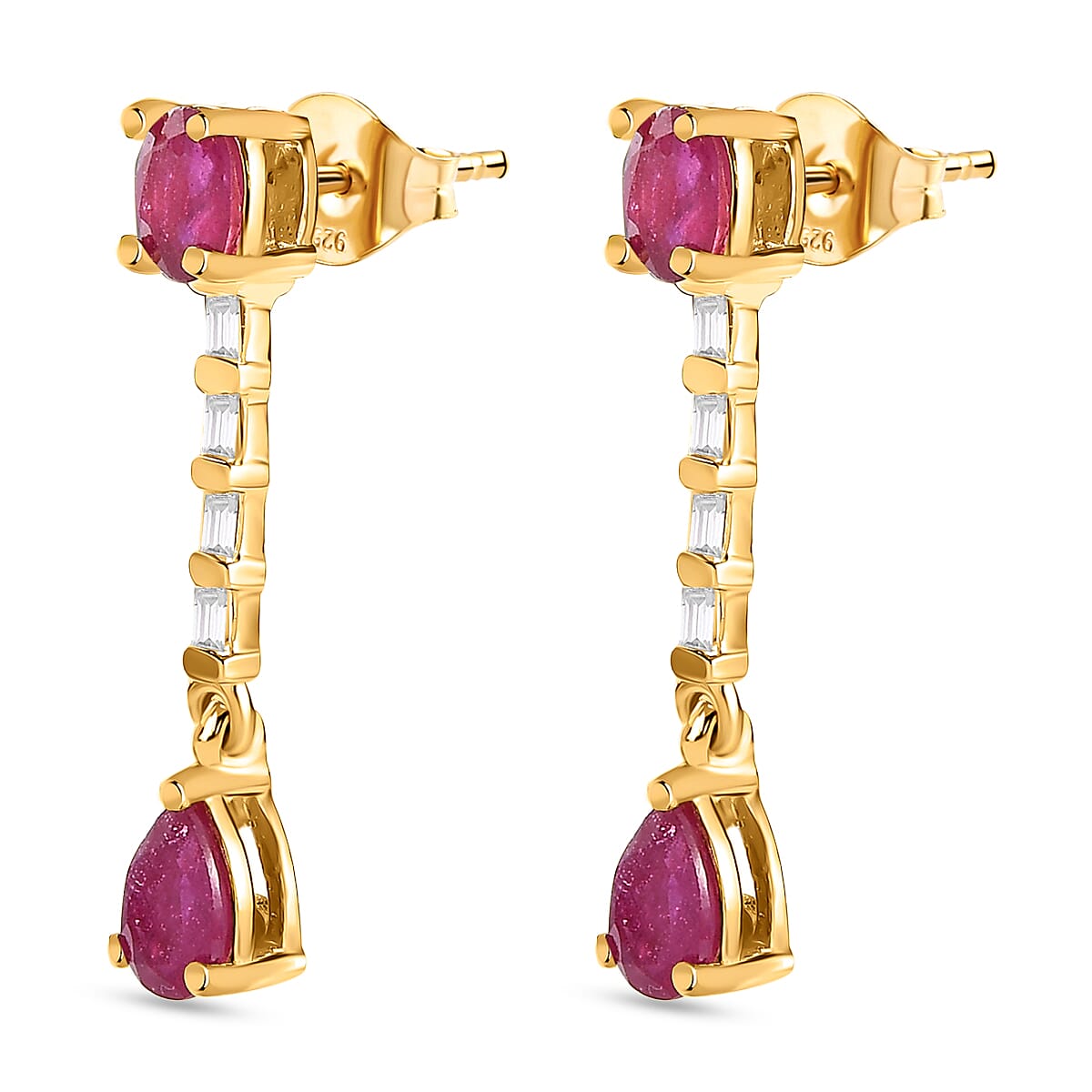African Ruby (FF) & White Topaz Dangle Earrings in 18K Yellow Gold Vermeil Plated Sterling Silver 2.52 Ct.