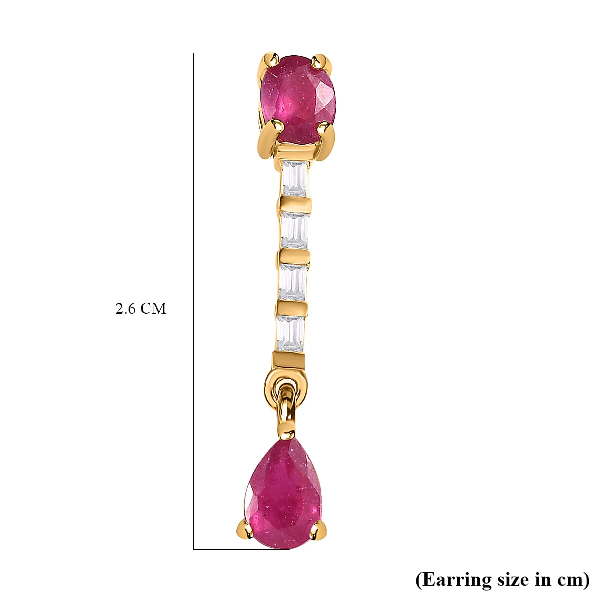 African Ruby (FF) & White Topaz Dangle Earrings in 18K Yellow Gold Vermeil Plated Sterling Silver 2.52 Ct.