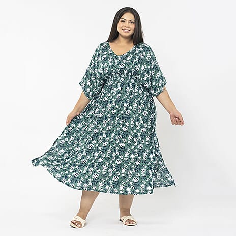 Tamsy 100% Viscose Smocked Waist Midi Dress (One Size,8-18) - Green