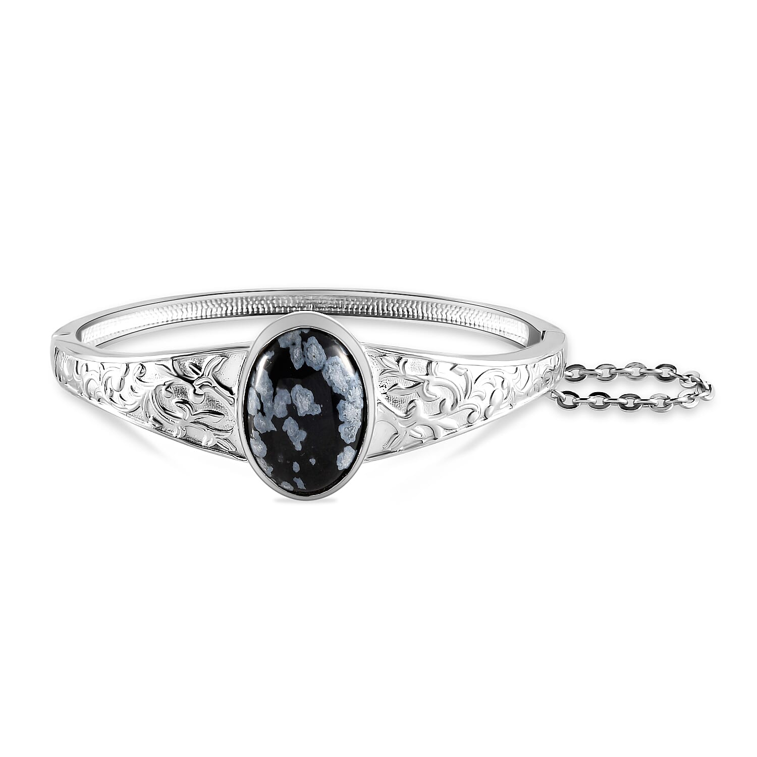 Snowflake Obsidian Bangle (Size 7.5) in Stainless Steel 19.96 Ct.