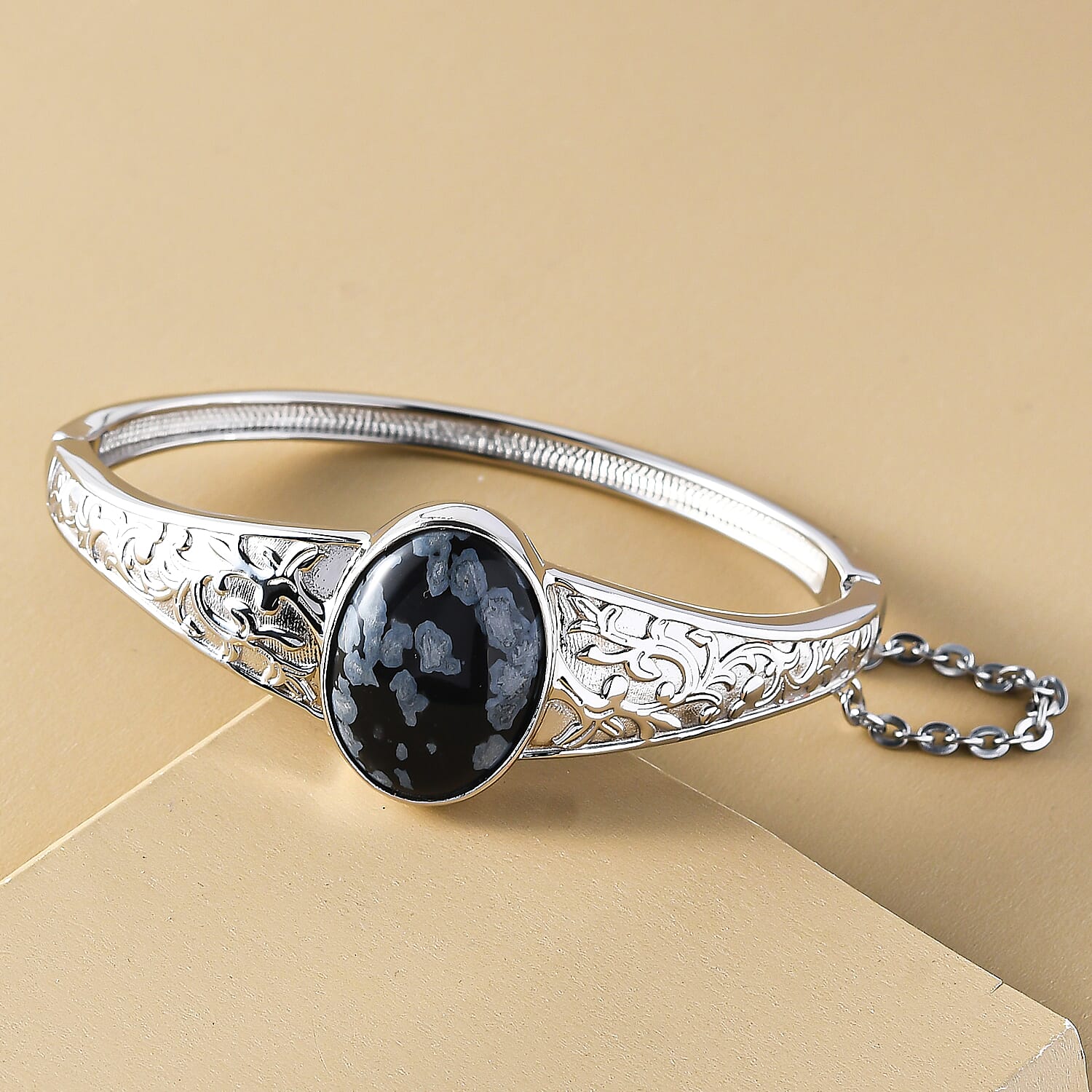 Snowflake Obsidian Bangle (Size 7.5) in Stainless Steel 19.96 Ct.