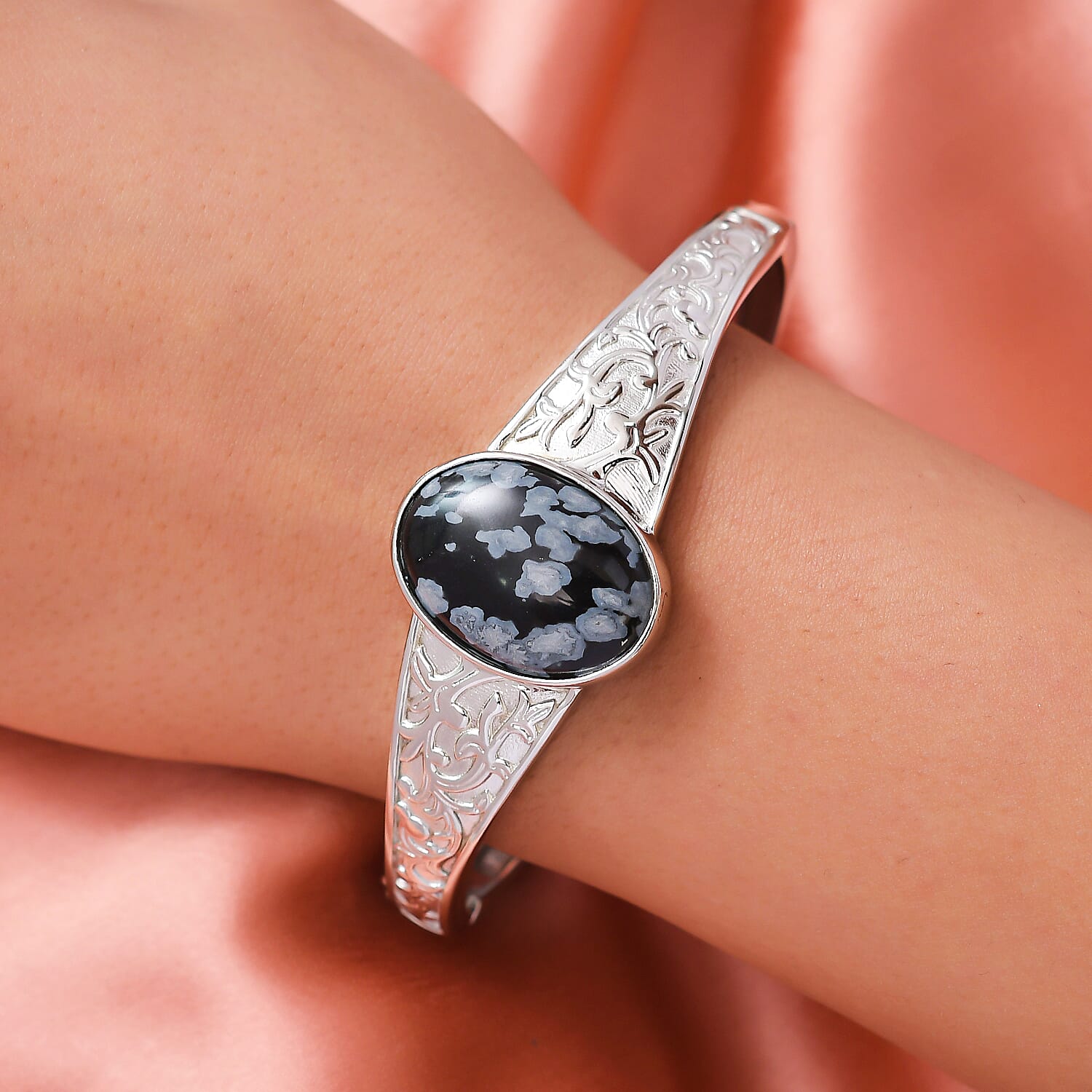Snowflake Obsidian Bangle (Size 7.5) in Stainless Steel 19.96 Ct.