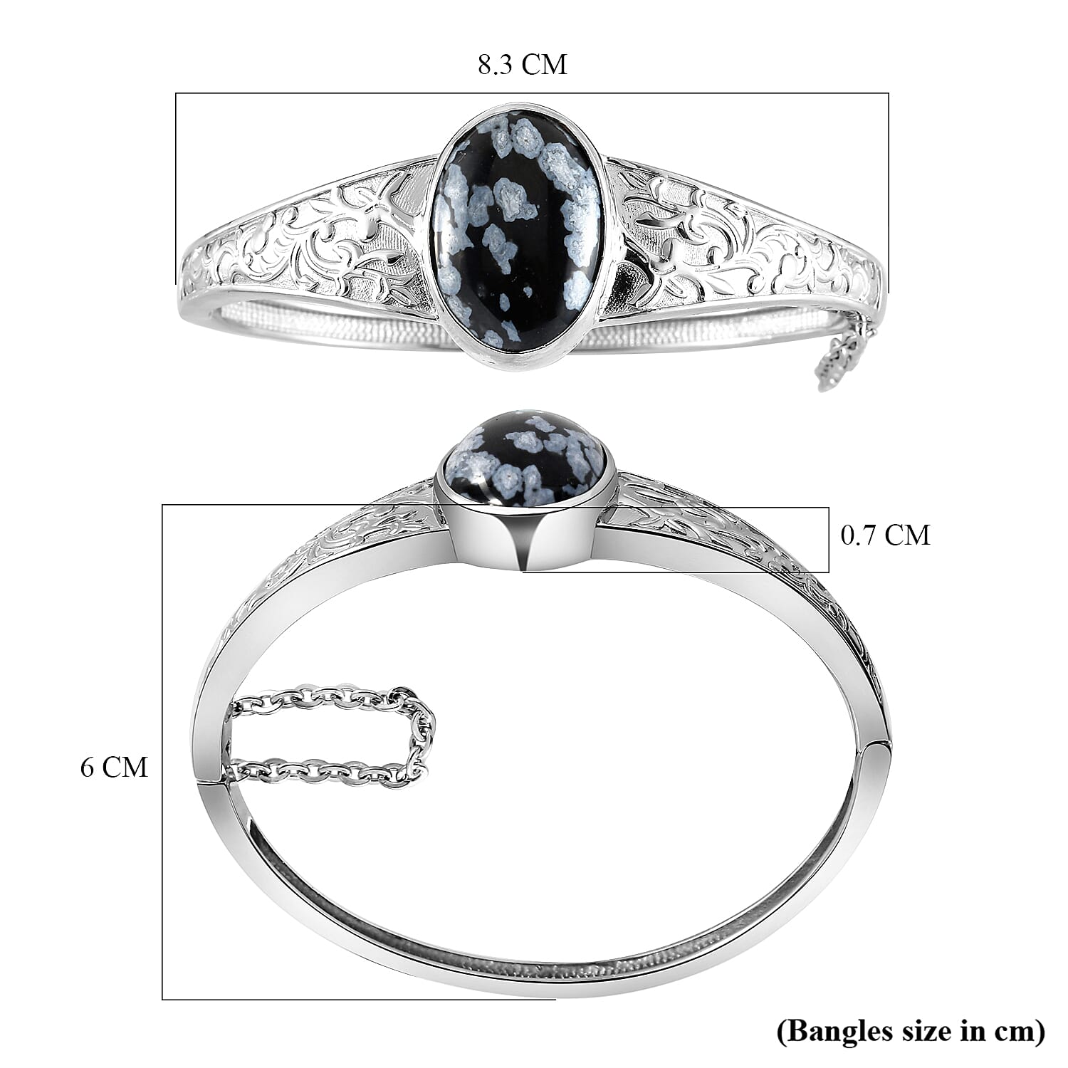 Snowflake Obsidian Bangle (Size 7.5) in Stainless Steel 19.96 Ct.