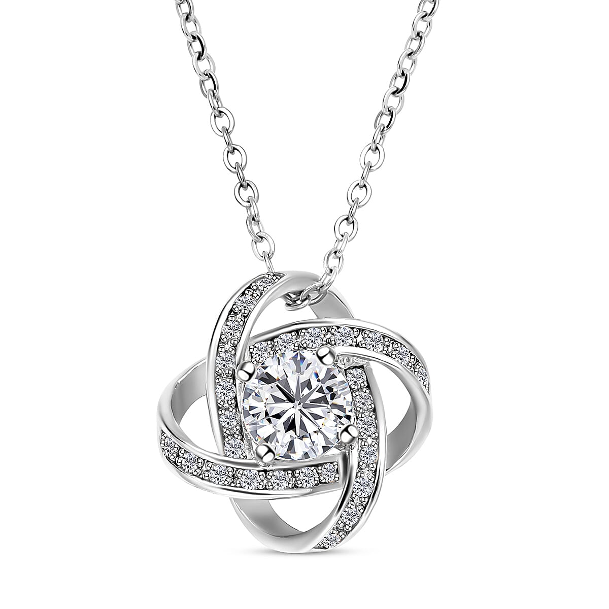 Simulated Diamond Knot Pendant with Chain (Size - 20-2 Inch Ext.) in Silver Tone