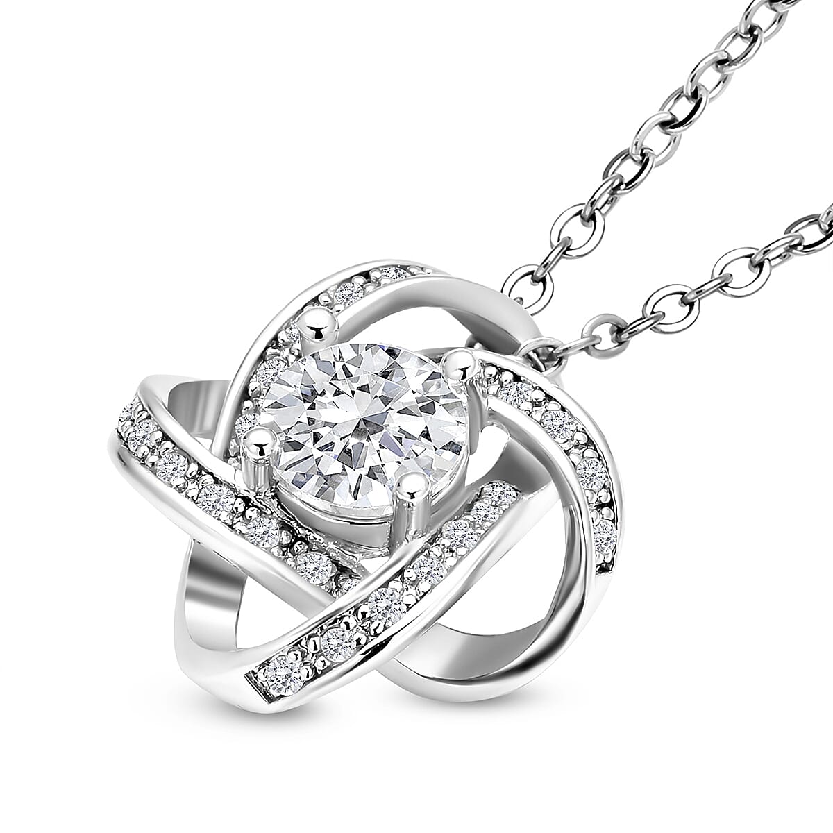 Simulated Diamond Knot Pendant with Chain (Size - 20-2 Inch Ext.) in Silver Tone