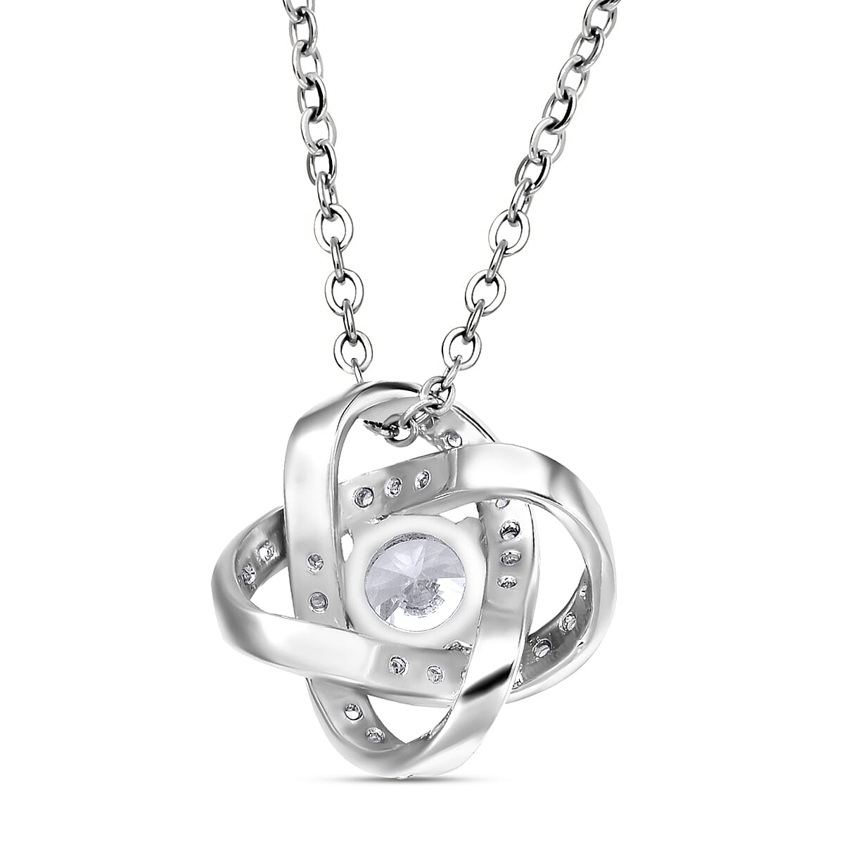 Simulated Diamond Knot Pendant with Chain (Size - 20-2 Inch Ext.) in Silver Tone