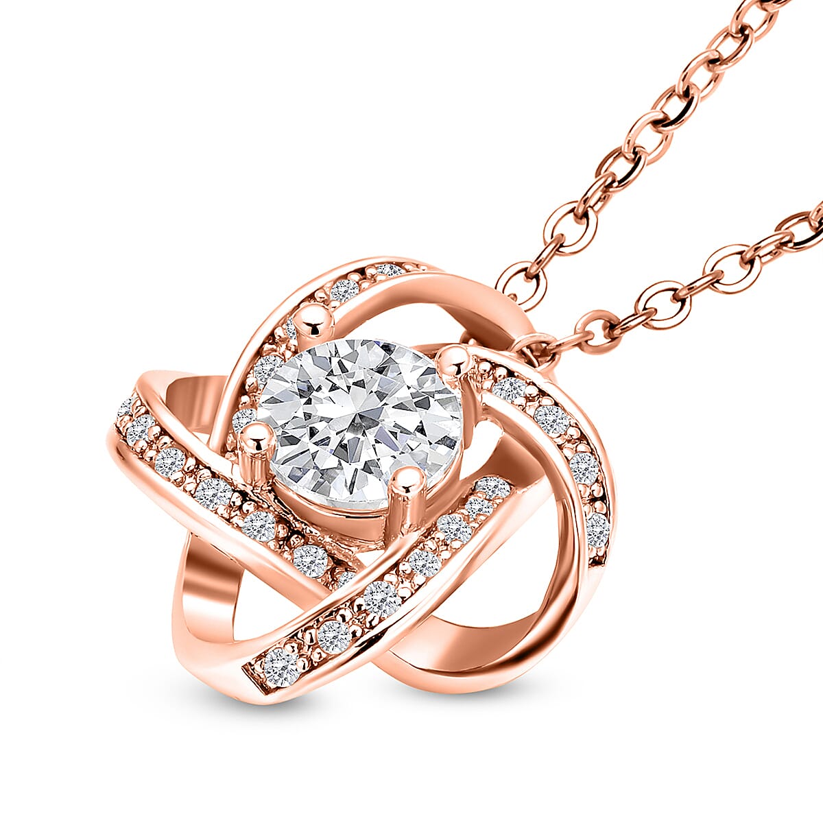 Simulated Diamond Knot Pendant With Chain (Size - 20 With 2 Inch Extender) in Rose Gold Colour