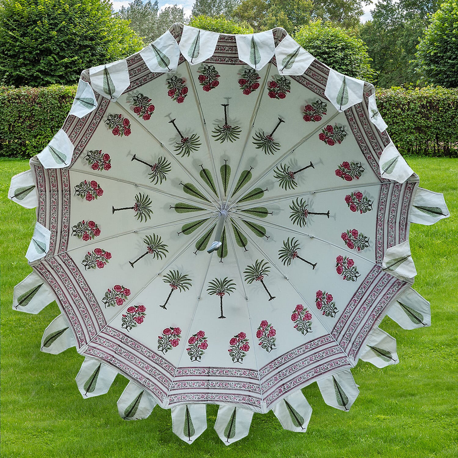 100% Cotton Canvas Block Printed Ethnic Parasol Size (6 Ft. Dia. Shade and 8 Ft. Long Pole) - Red & Green