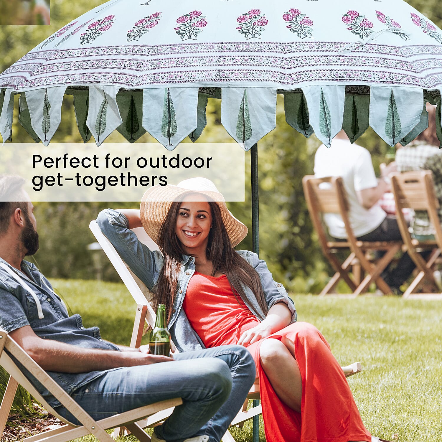 100% Cotton Canvas Block Printed Ethnic Parasol Size (6 Ft. Dia. Shade and 8 Ft. Long Pole) - Red - Green