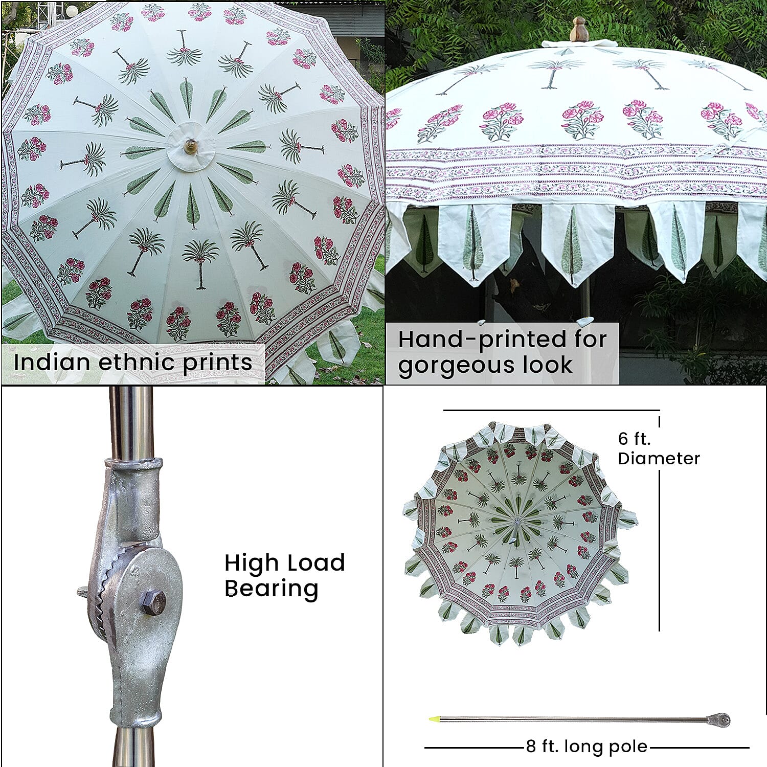 100% Cotton Canvas Block Printed Ethnic Parasol Size (6 Ft. Dia. Shade and 8 Ft. Long Pole) - Red - Green