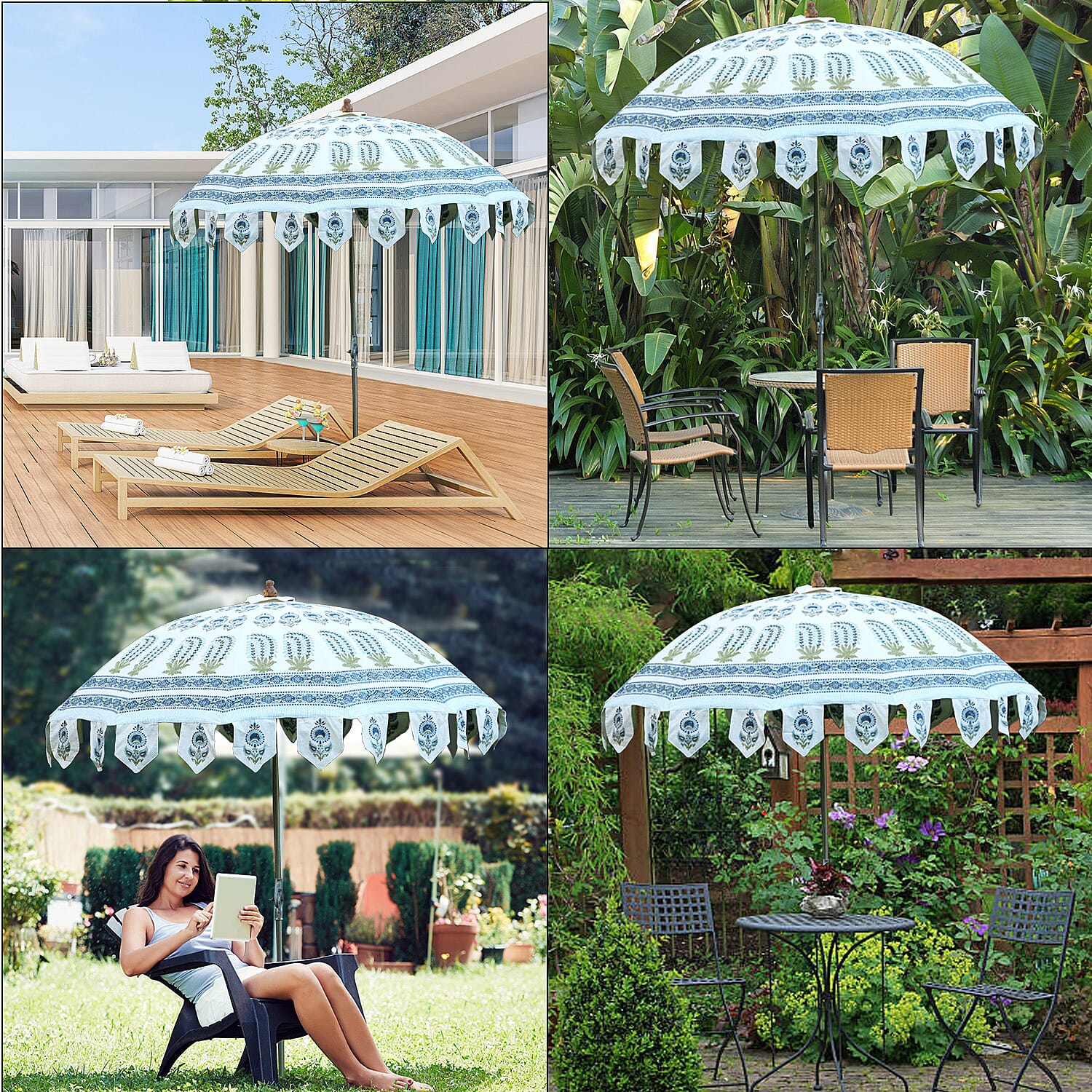 100% Cotton Canvas Block Printed Ethnic Parasol Size (6 Ft. Dia. Shade and 8 Ft. Long Pole) - Blue - Green