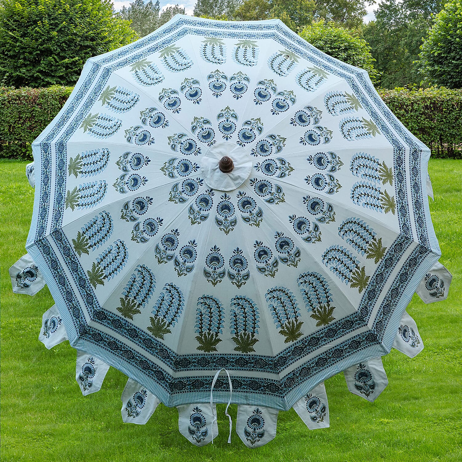 100% Cotton Canvas Block Printed Ethnic Parasol Size (6 Ft. Dia. Shade and 8 Ft. Long Pole) - Blue - Green
