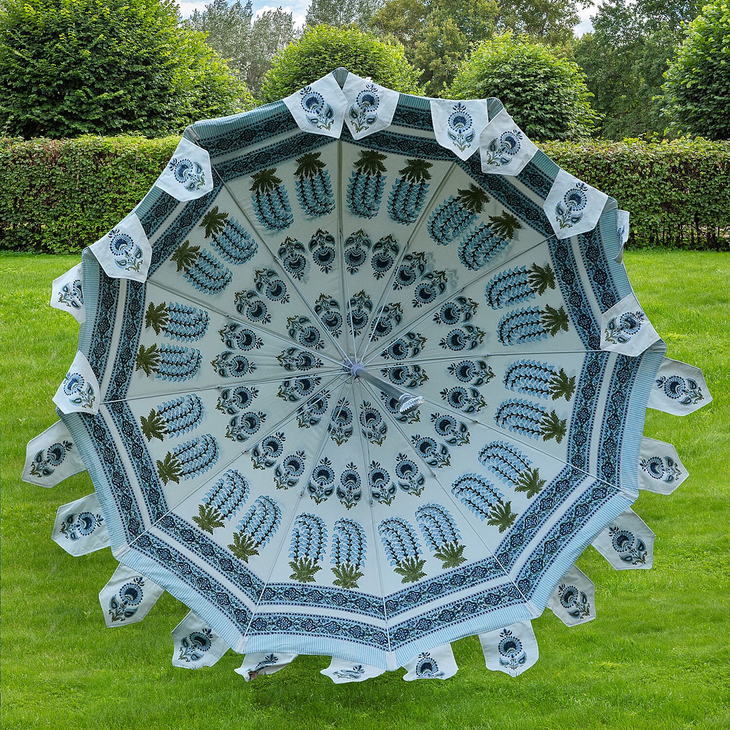 100% Cotton Canvas Block Printed Ethnic Parasol Size (6 Ft. Dia. Shade and 8 Ft. Long Pole) - Blue - Green