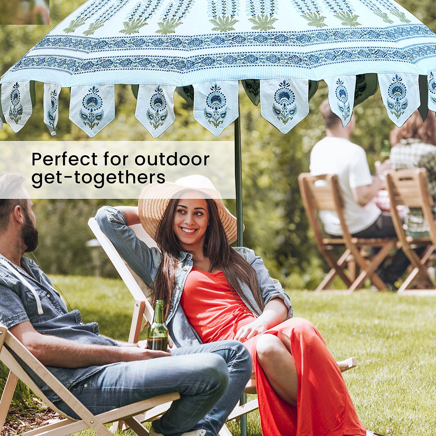 100% Cotton Canvas Block Printed Ethnic Parasol Size (6 Ft. Dia. Shade and 8 Ft. Long Pole) - Blue - Green