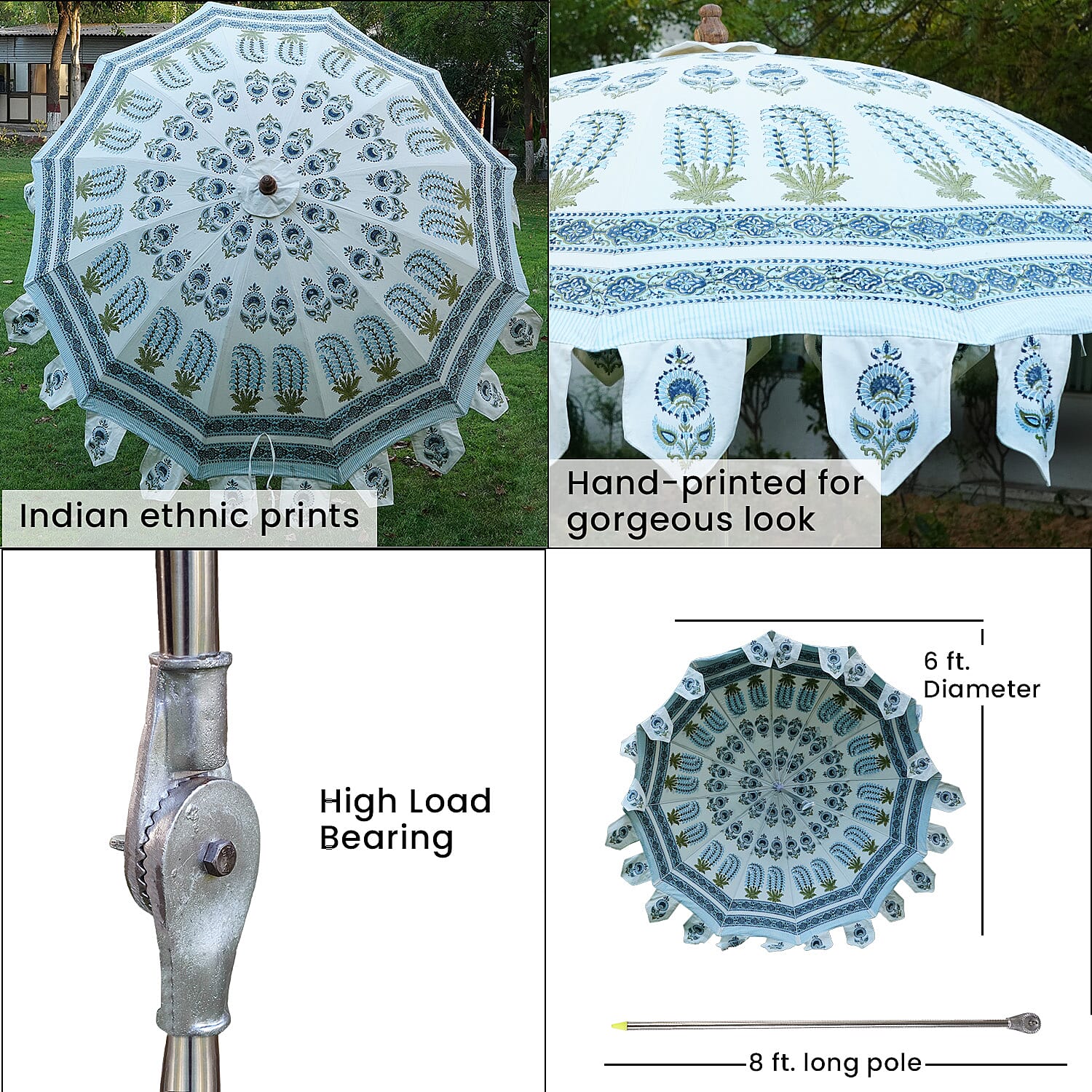 100% Cotton Canvas Block Printed Ethnic Parasol Size (6 Ft. Dia. Shade and 8 Ft. Long Pole) - Blue - Green