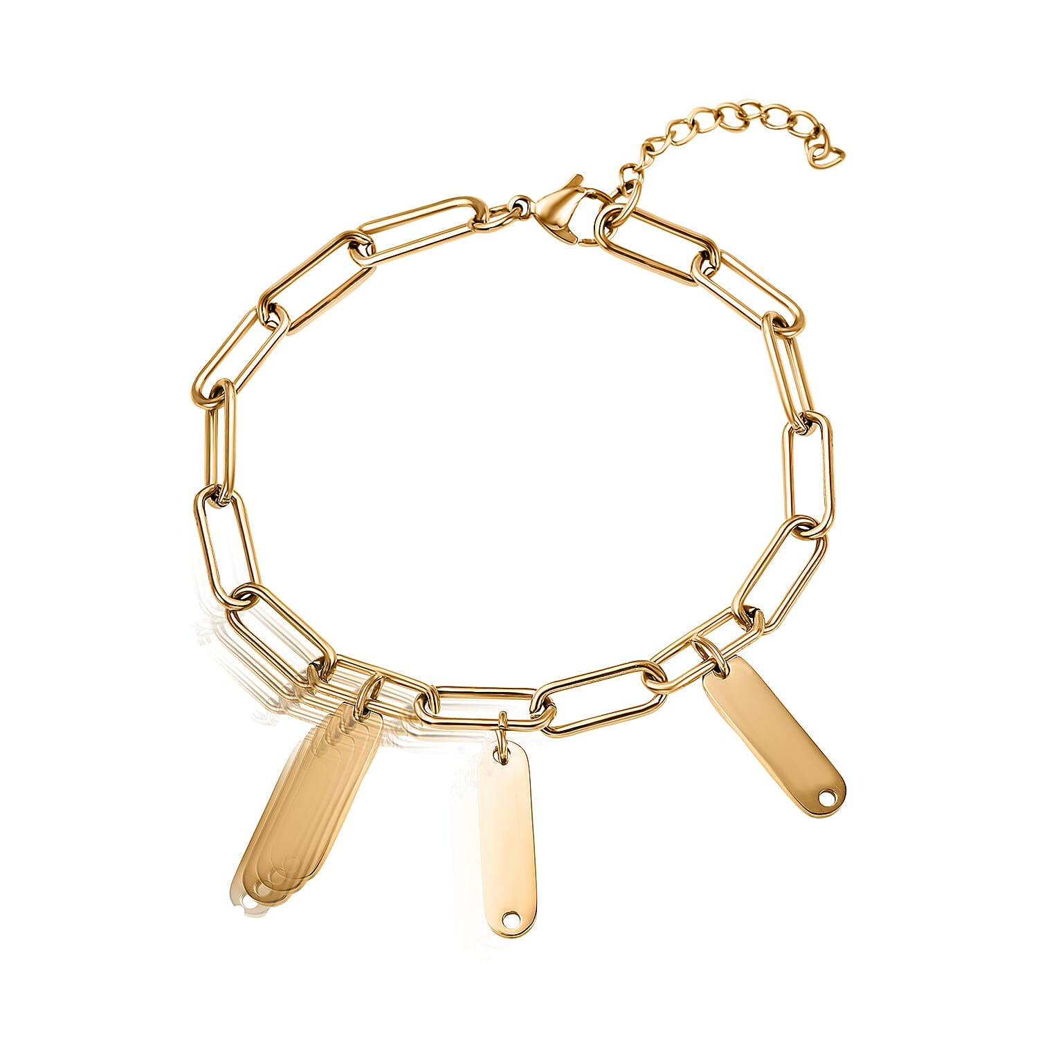 Paperclip Bracelet (Size - 7.5-1 Inch Ext.) with Bar Charms in Gold Tone