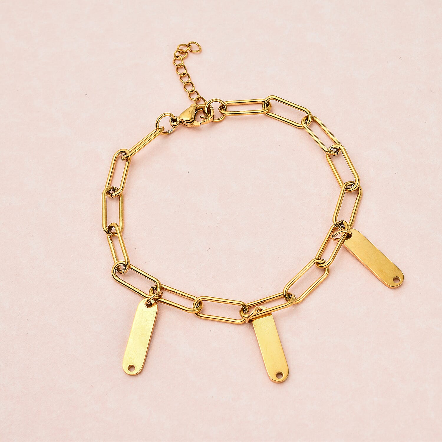 Paperclip Bracelet (Size - 7.5-1 Inch Ext.) with Bar Charms in Gold Tone