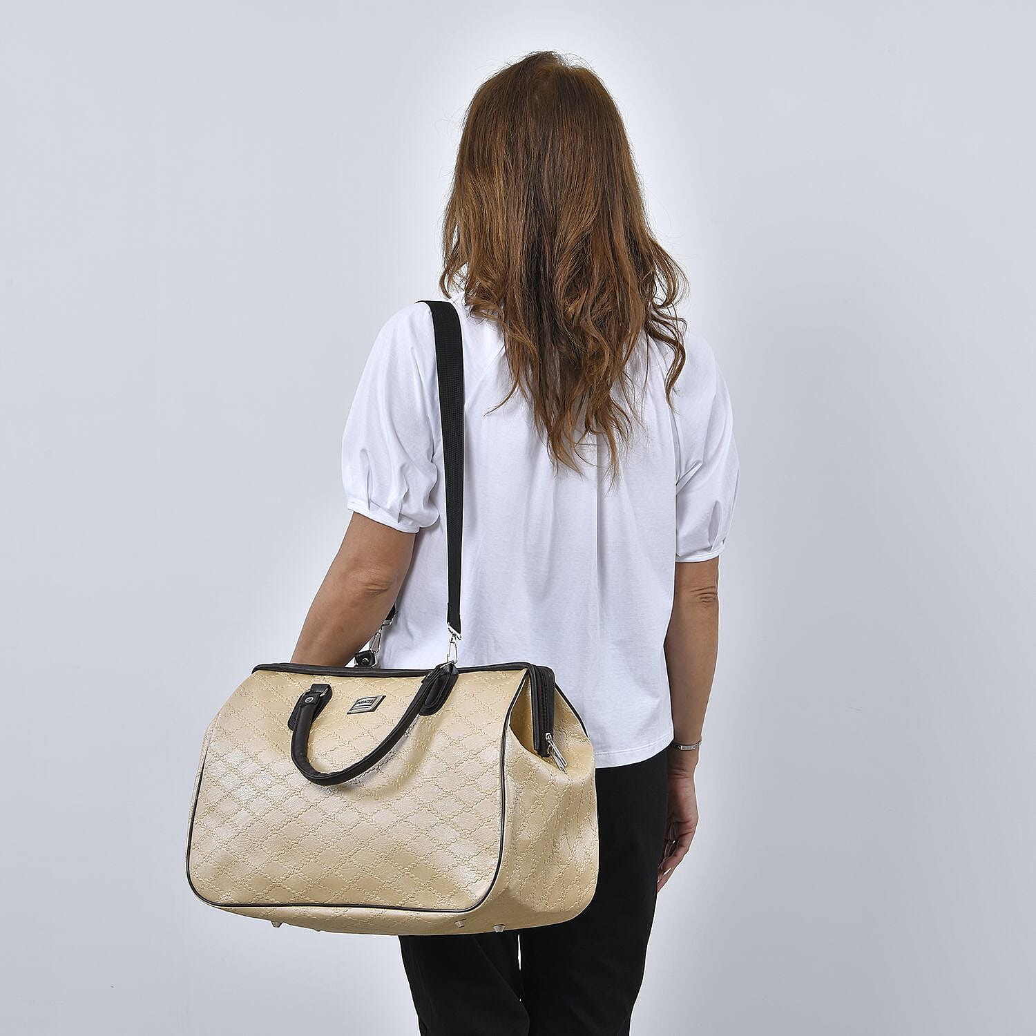 PASSAGE Crocodile Embossed Pattern Travel Bag with Handle Drop & Shoulder Strap - Cream