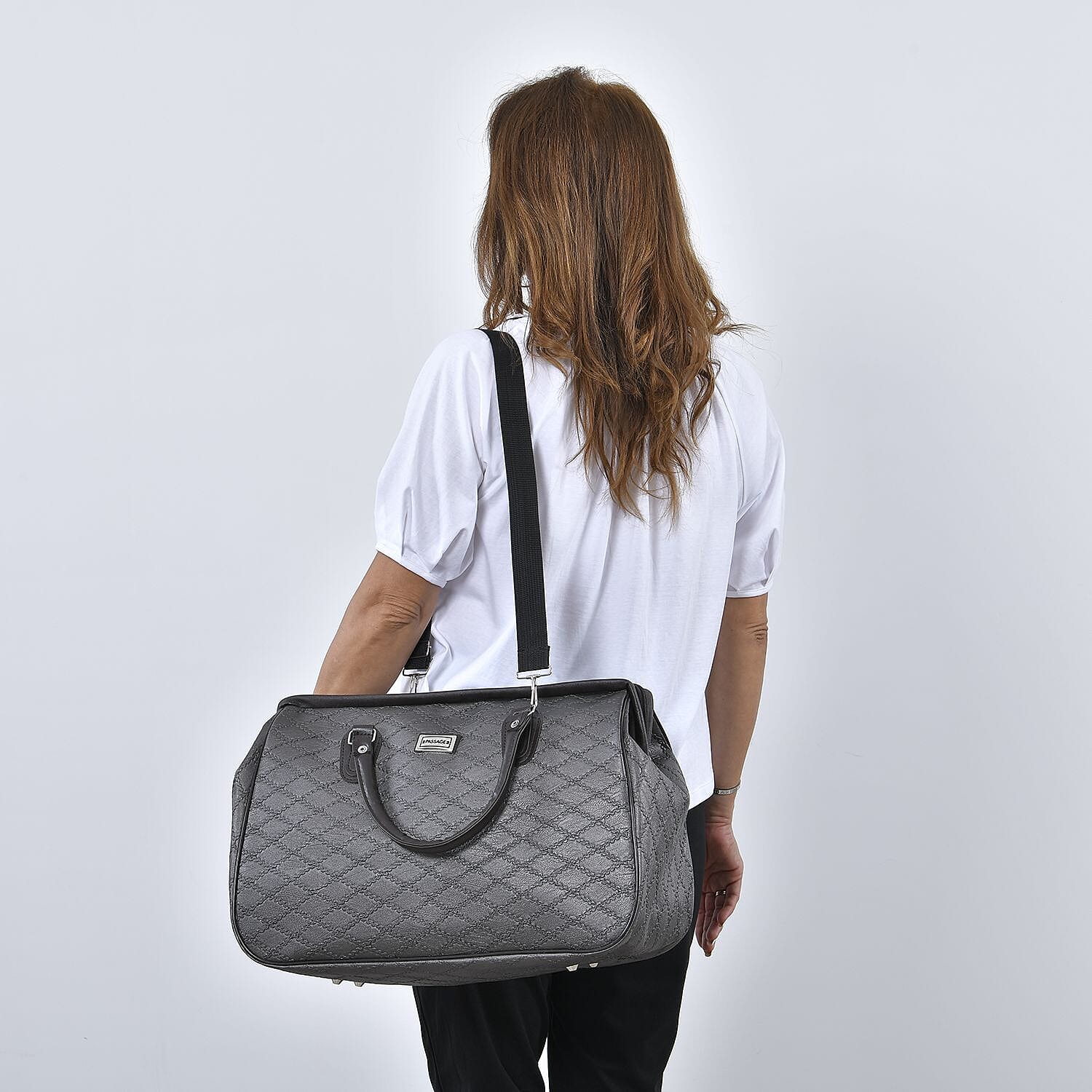 PASSAGE Diamond Pattern Travel Bag with Handle Drop - Shoulder Strap - Grey