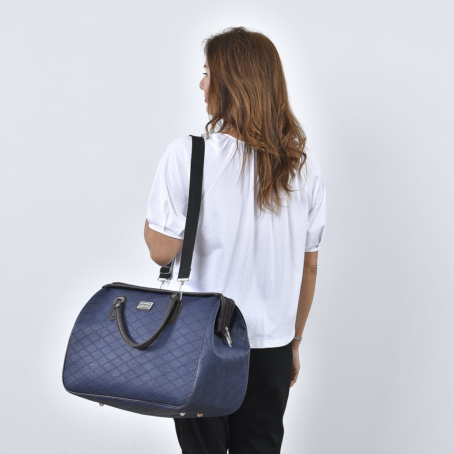 PASSAGE Diamond Pattern Travel Bag with Handle Drop - Shoulder Strap - Navy