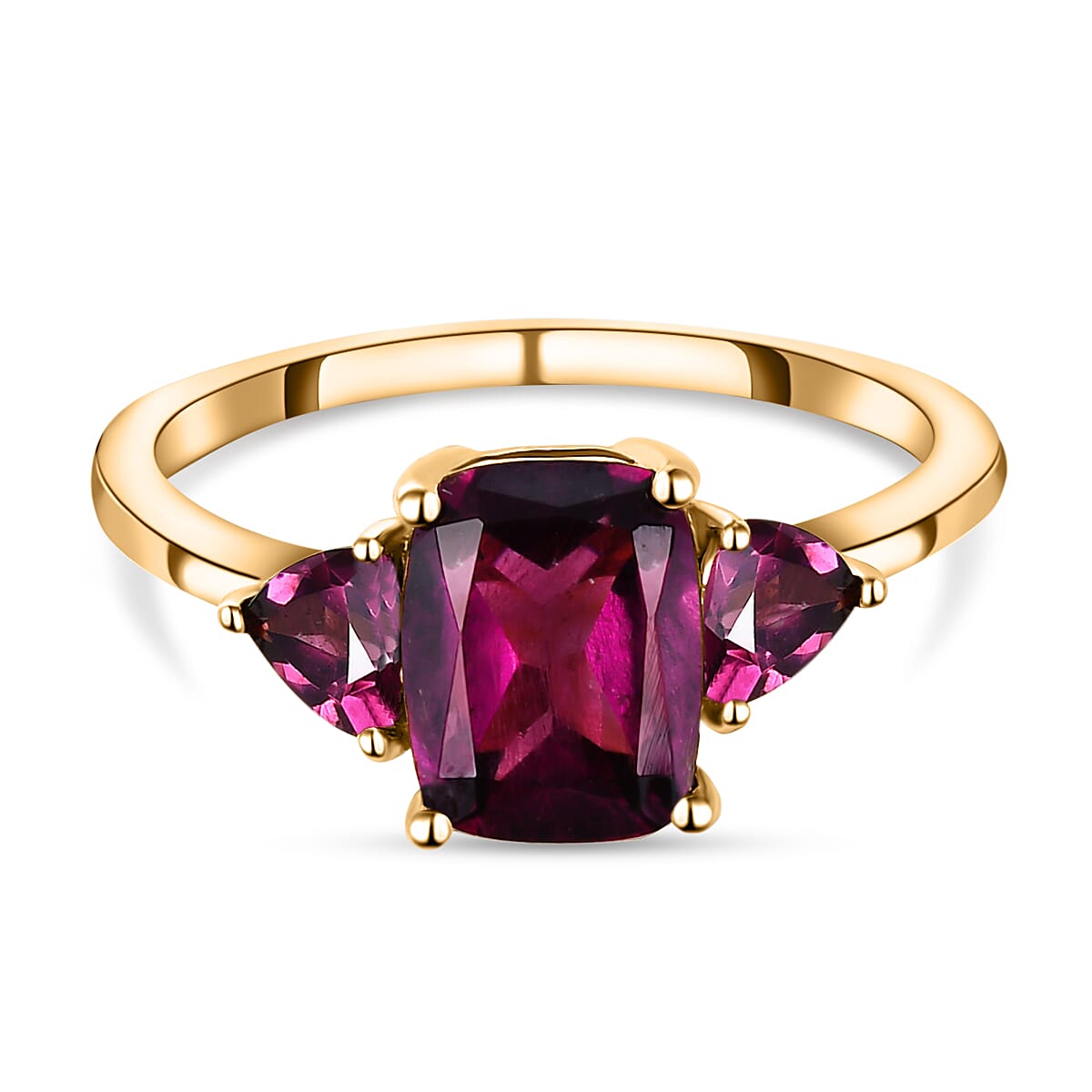 Rhodolite Garnet 3 Stone Ring in Yellow Gold Overlay Sterling Silver 2.35 Ct.
