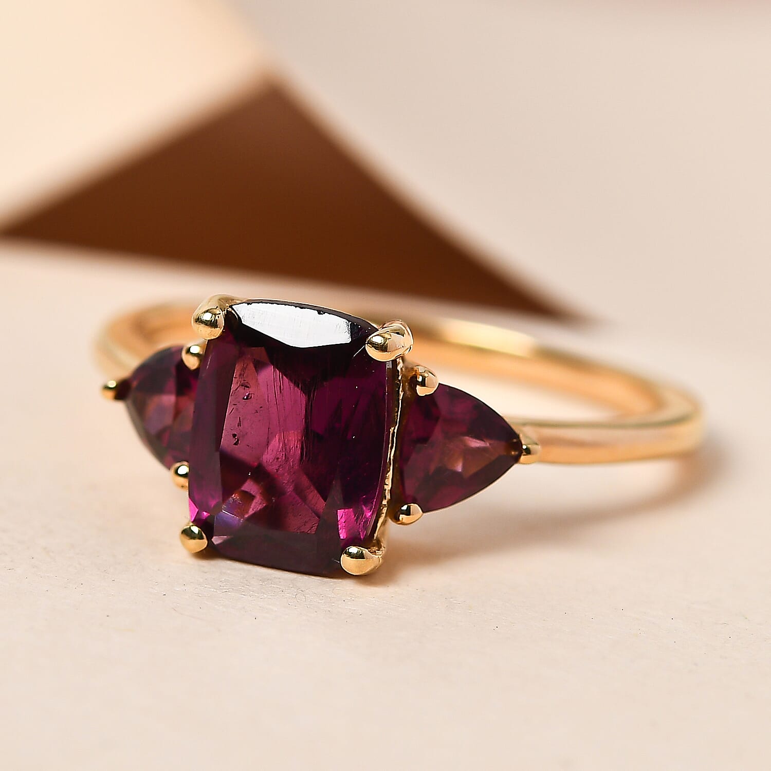 Rhodolite Garnet 3 Stone Ring in Yellow Gold Overlay Sterling Silver 2.35 Ct.