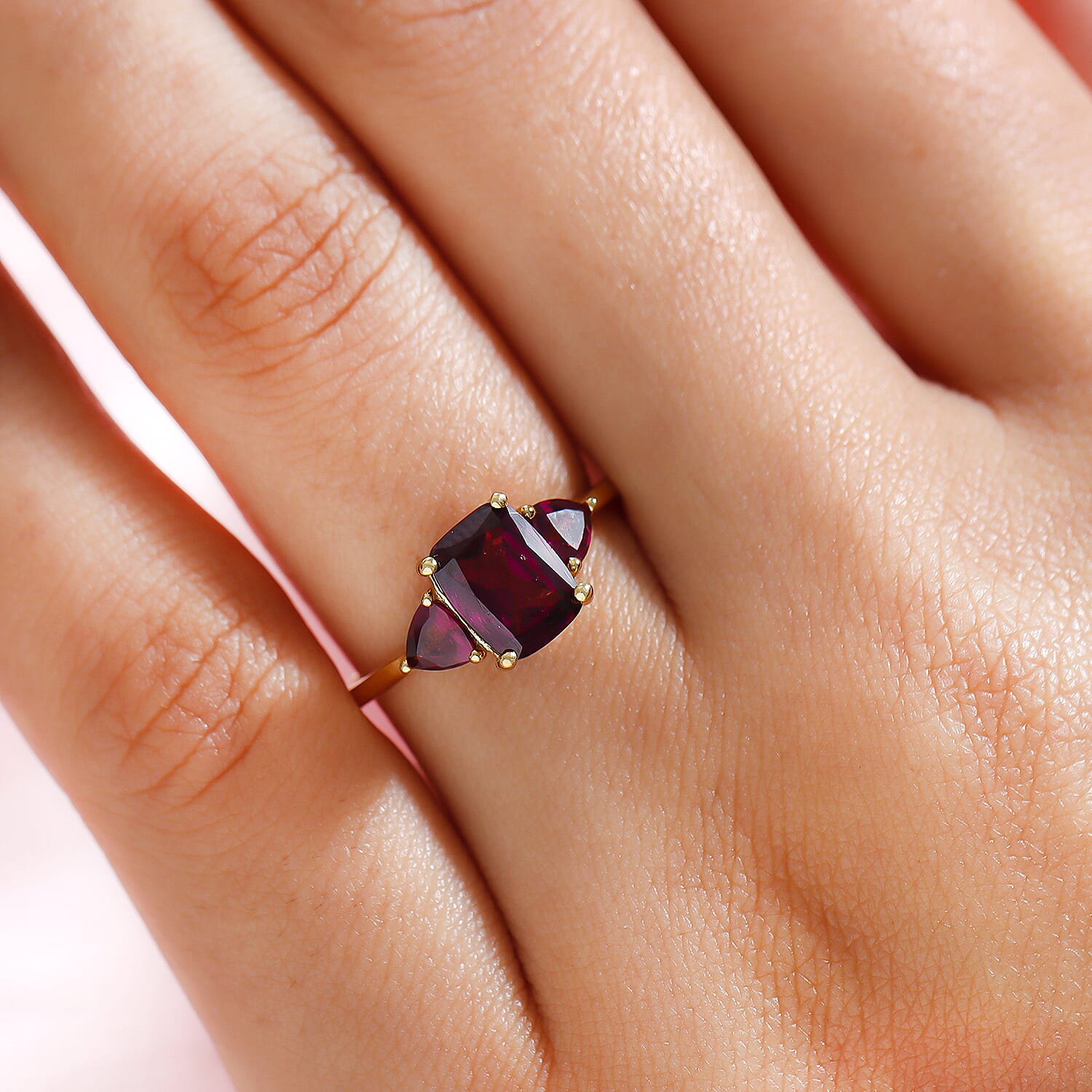 Rhodolite Garnet 3 Stone Ring in Yellow Gold Overlay Sterling Silver 2.35 Ct.