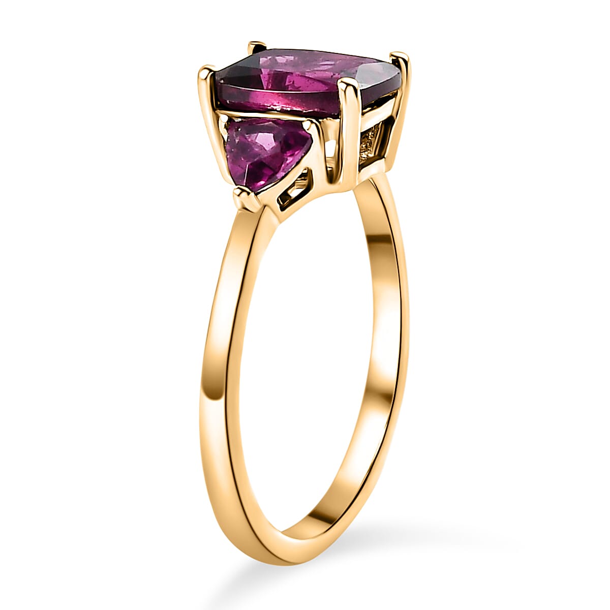 Rhodolite Garnet 3 Stone Ring in Yellow Gold Overlay Sterling Silver 2.35 Ct.