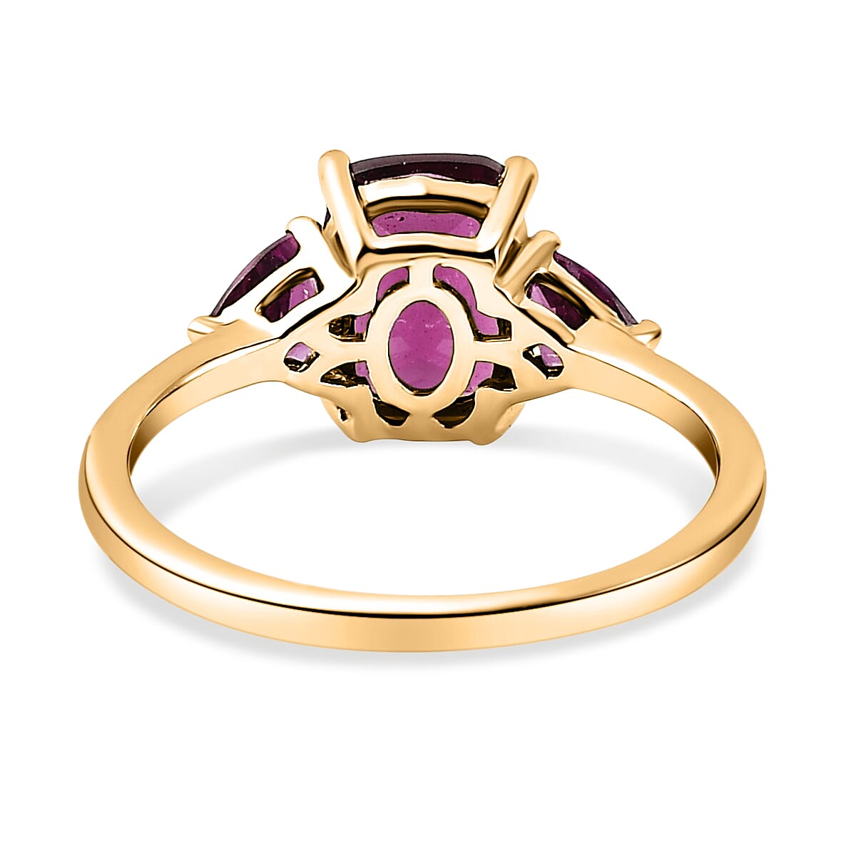 Rhodolite Garnet 3 Stone Ring in Yellow Gold Overlay Sterling Silver 2.35 Ct.