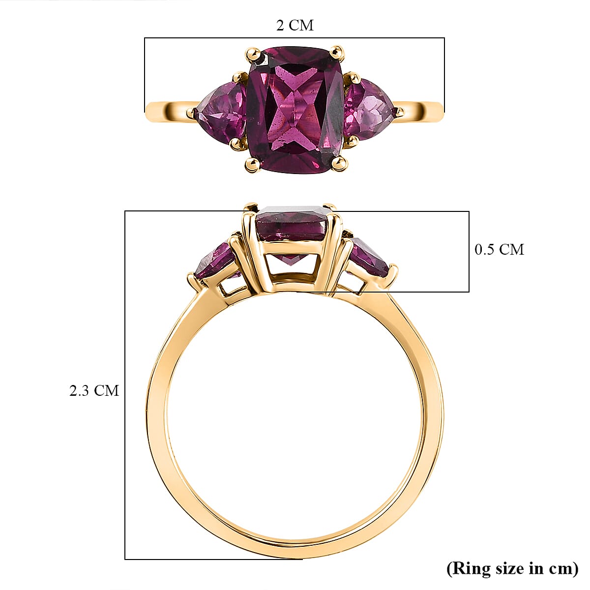 Rhodolite Garnet 3 Stone Ring in Yellow Gold Overlay Sterling Silver 2.35 Ct.
