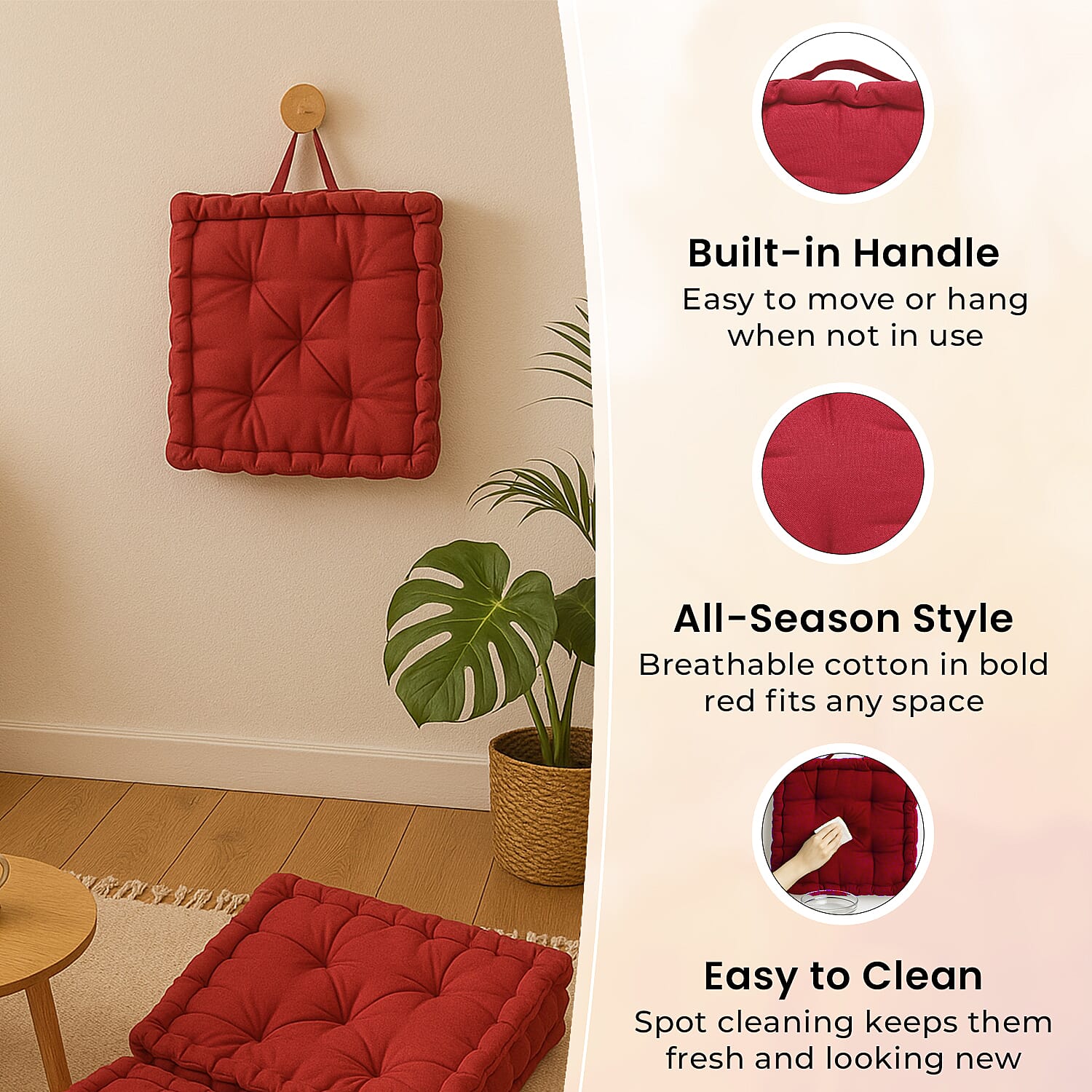 Set of 2 - 100% Cotton Floor Cushion with Cotton Filling Recycled Fiber (40x40x8cm) - Red