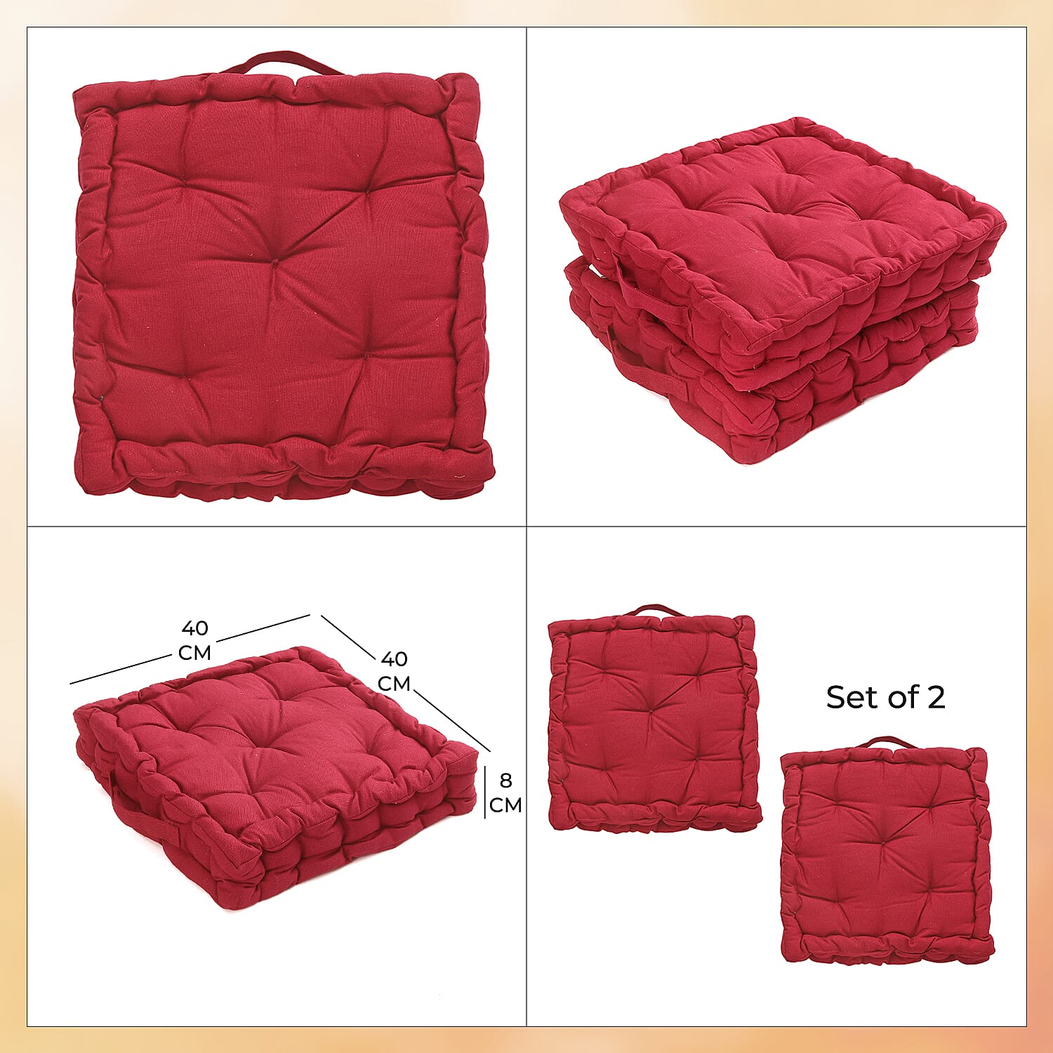 Set of 2 - 100% Cotton Floor Cushion with Cotton Filling Recycled Fiber (40x40x8cm) - Red