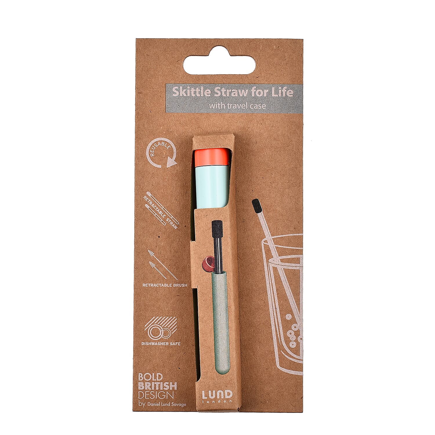 LUND LONDON Skittle Barware Reusable Stainless Steel Straw with Cleaning Brush and Travel Case - Multi