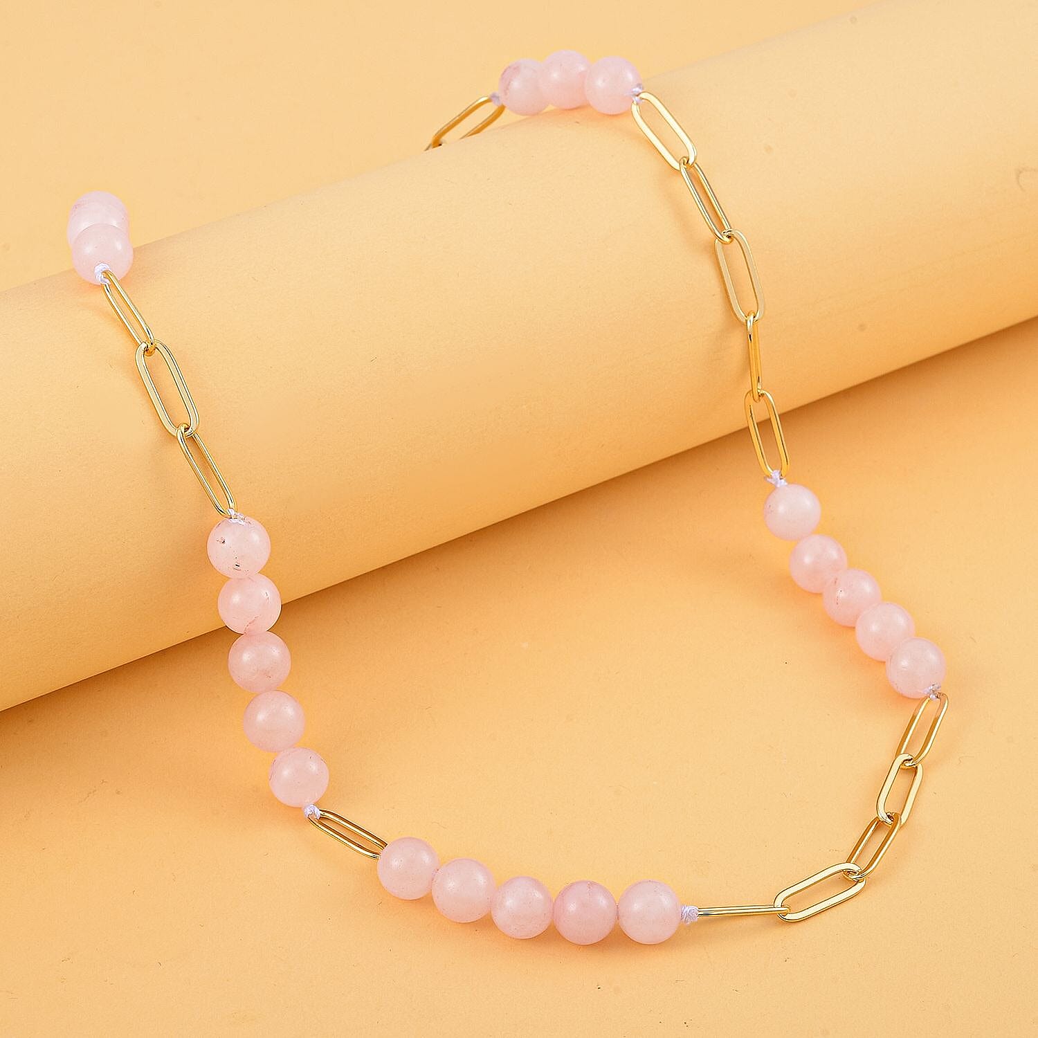 Rose Quartz Necklace (Size - 18 with 2 inch Extender) in Yellow Tone