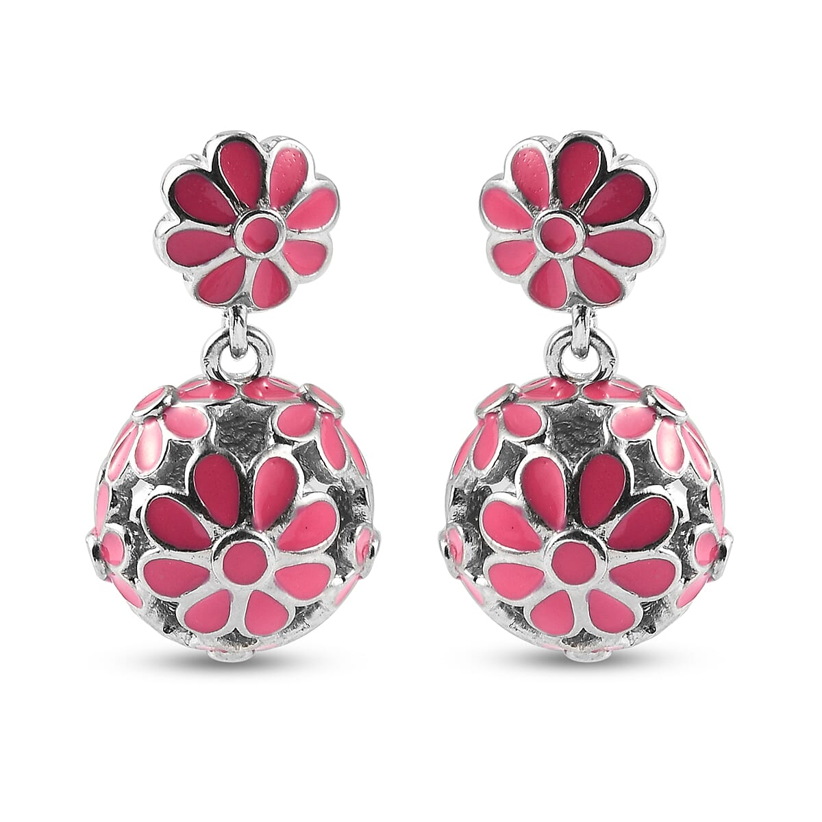 Dangling Enamelled Earrings (with Push Back) in Silver Tone