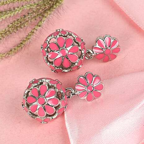 Dangling Enamelled Earrings (with Push Back) in Silver Tone