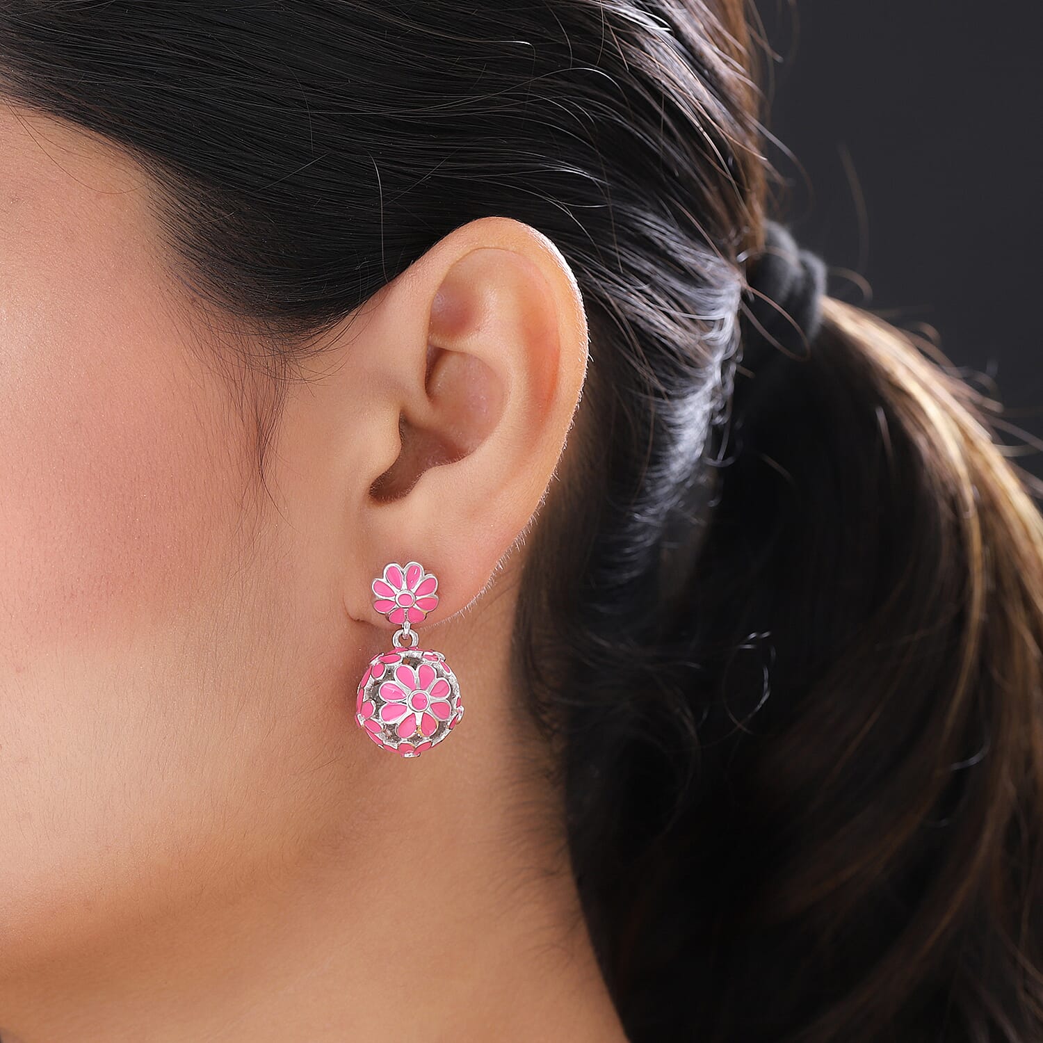 Dangling Enamelled Earrings (with Push Back) in Silver Tone