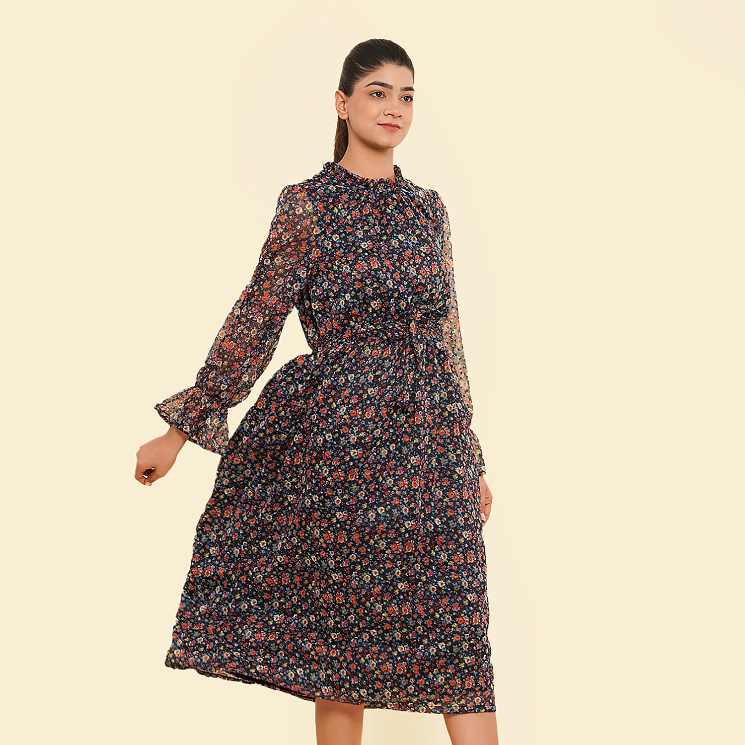 TAMSY Floral Printed Dress (Size M, 12-14) - Black