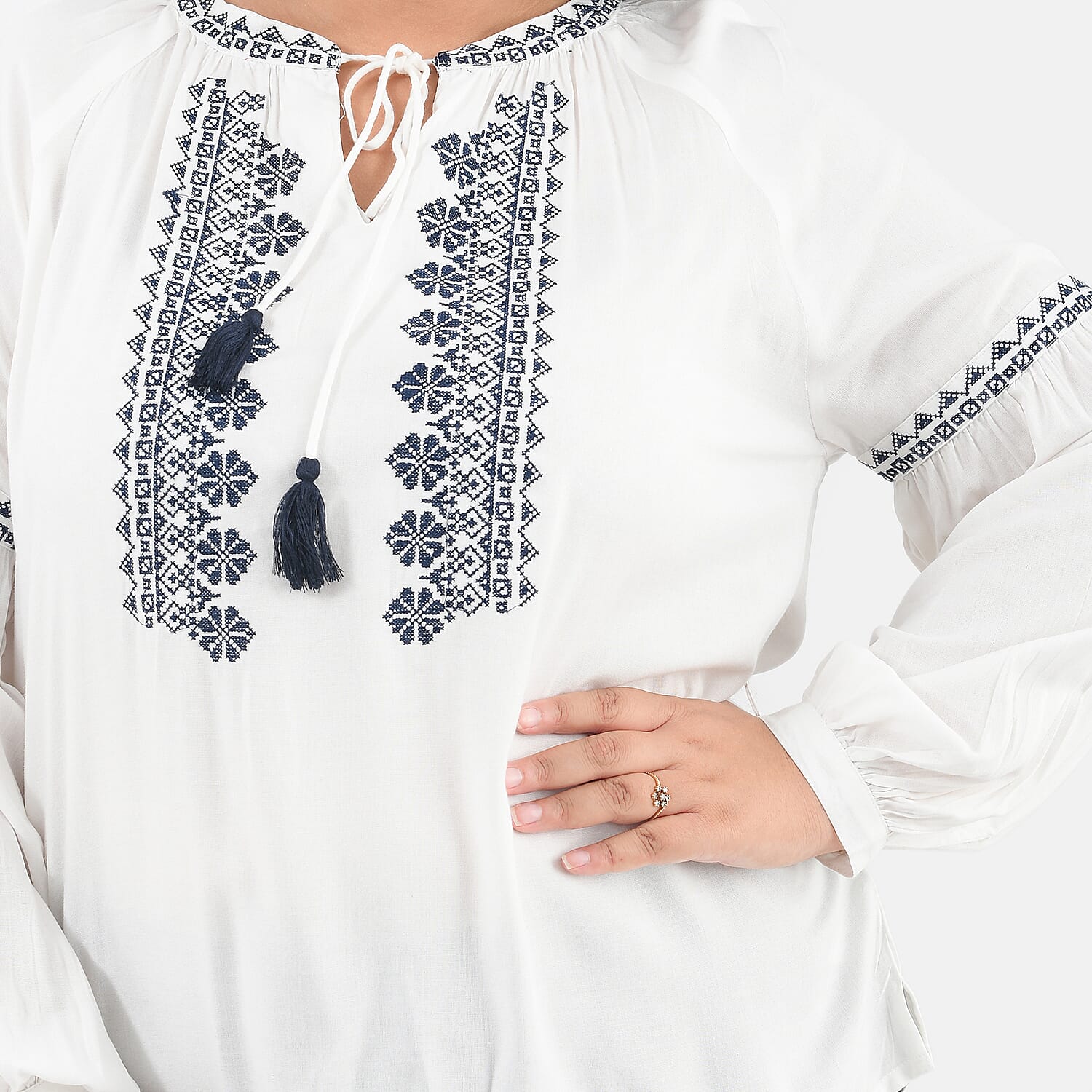 Tamsy Viscose Embroidery Top with Doori Tassel Full Sleeves - White