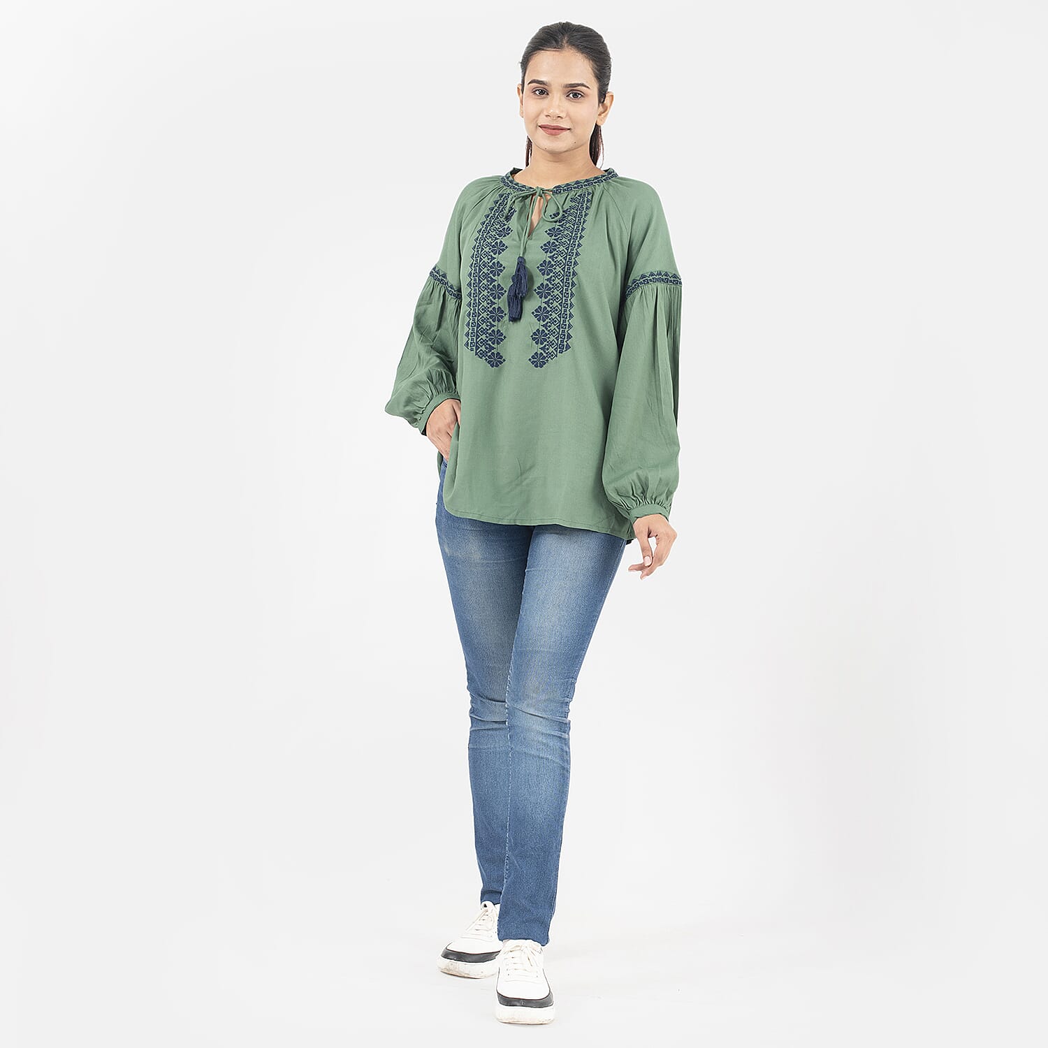 Tamsy 100% Viscose Embroidery Top with Doori Tassel Full Sleeves(Size S,8-10) - Green