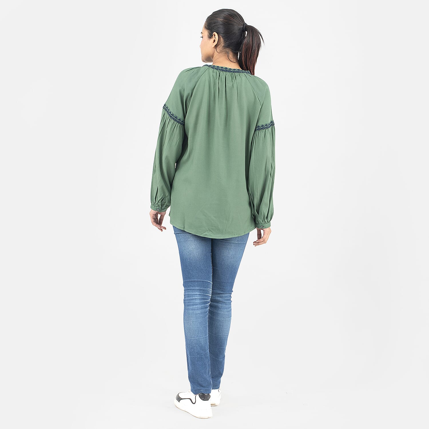 Tamsy 100% Viscose Embroidery Top with Doori Tassel Full Sleeves(Size S,8-10) - Green