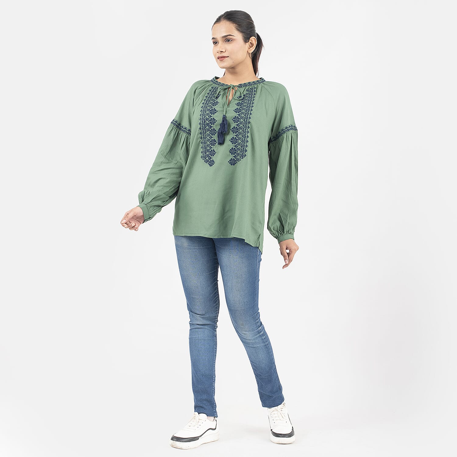 Tamsy 100% Viscose Embroidery Top with Doori Tassel Full Sleeves(Size S,8-10) - Green