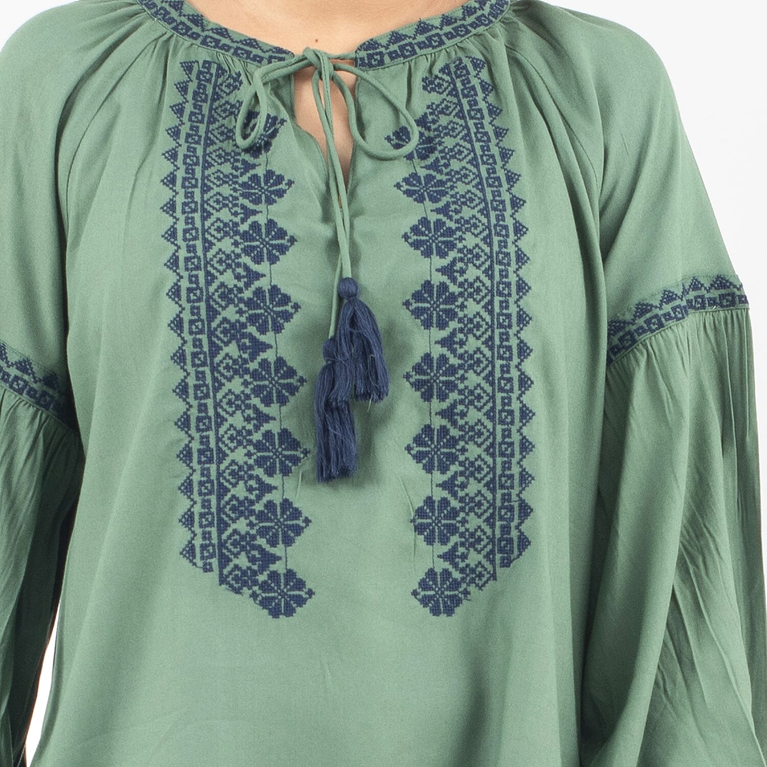 Tamsy 100% Viscose Embroidery Top with Doori Tassel Full Sleeves(Size S,8-10) - Green