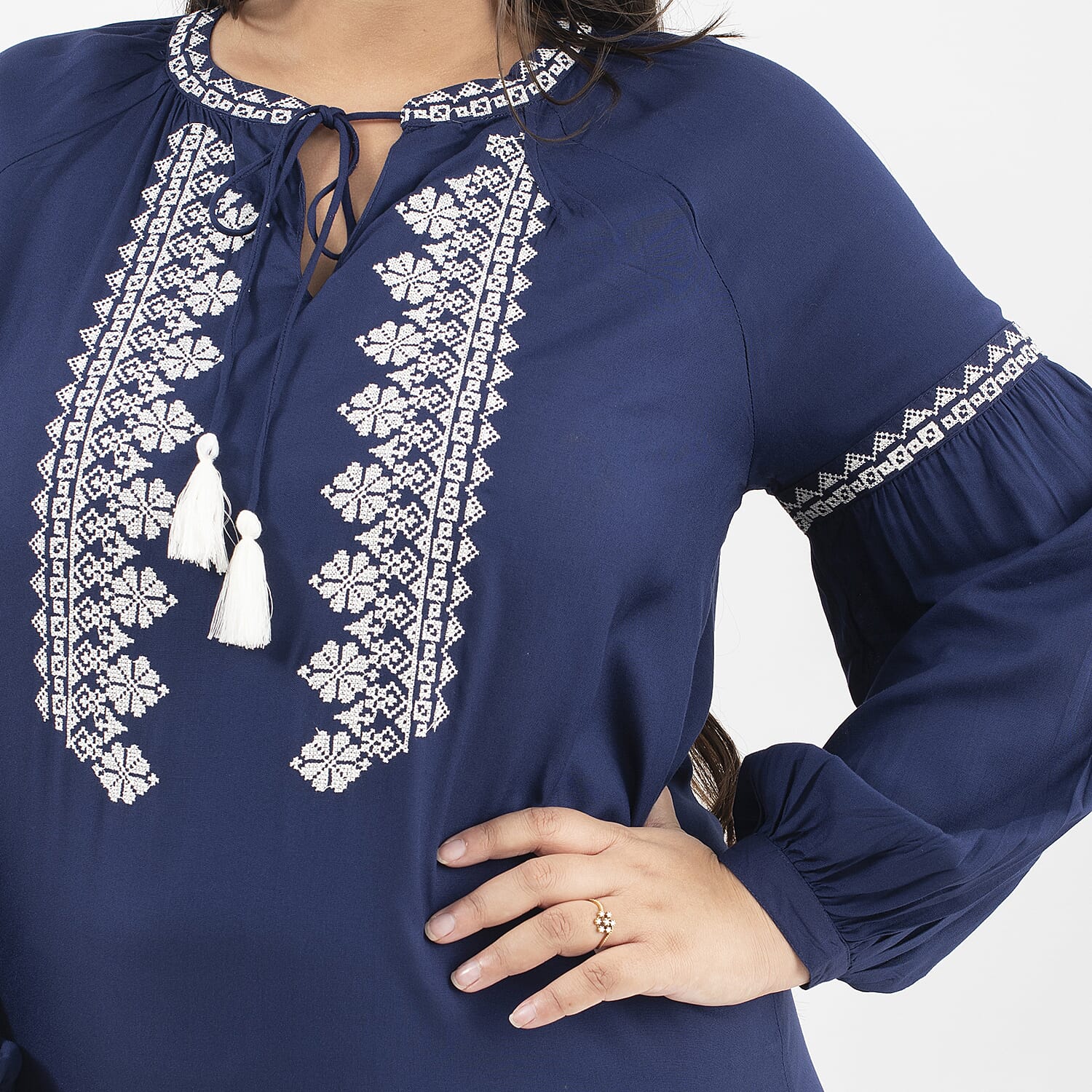 Tamsy Viscose Embroidery Top with Doori Tassel Full Sleeves - White