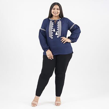 Tamsy 100% Viscose Embroidered Full Sleeves Top with Doori Tassel (Size L,16-18) - Navy