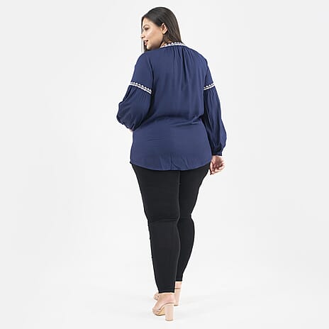 Tamsy 100% Viscose Embroidered Full Sleeves Top with Doori Tassel (Size L,16-18) - Navy