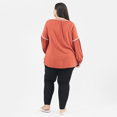 Tamsy 100% Viscose Embroidery Top with Doori Tassel Full Sleeves (Size L,16-18) - Paprika