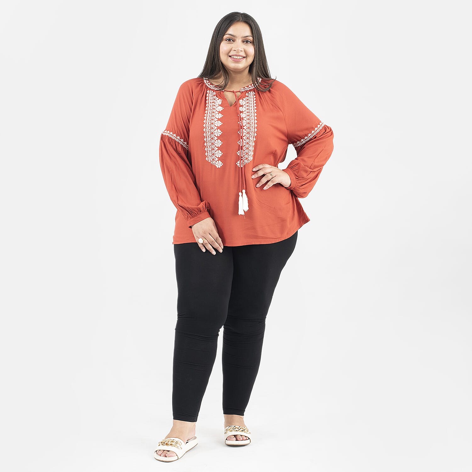 Tamsy 100% Viscose Embroidery Top with Doori Tassel Full Sleeves (Size XXL,24-26) - Paprika