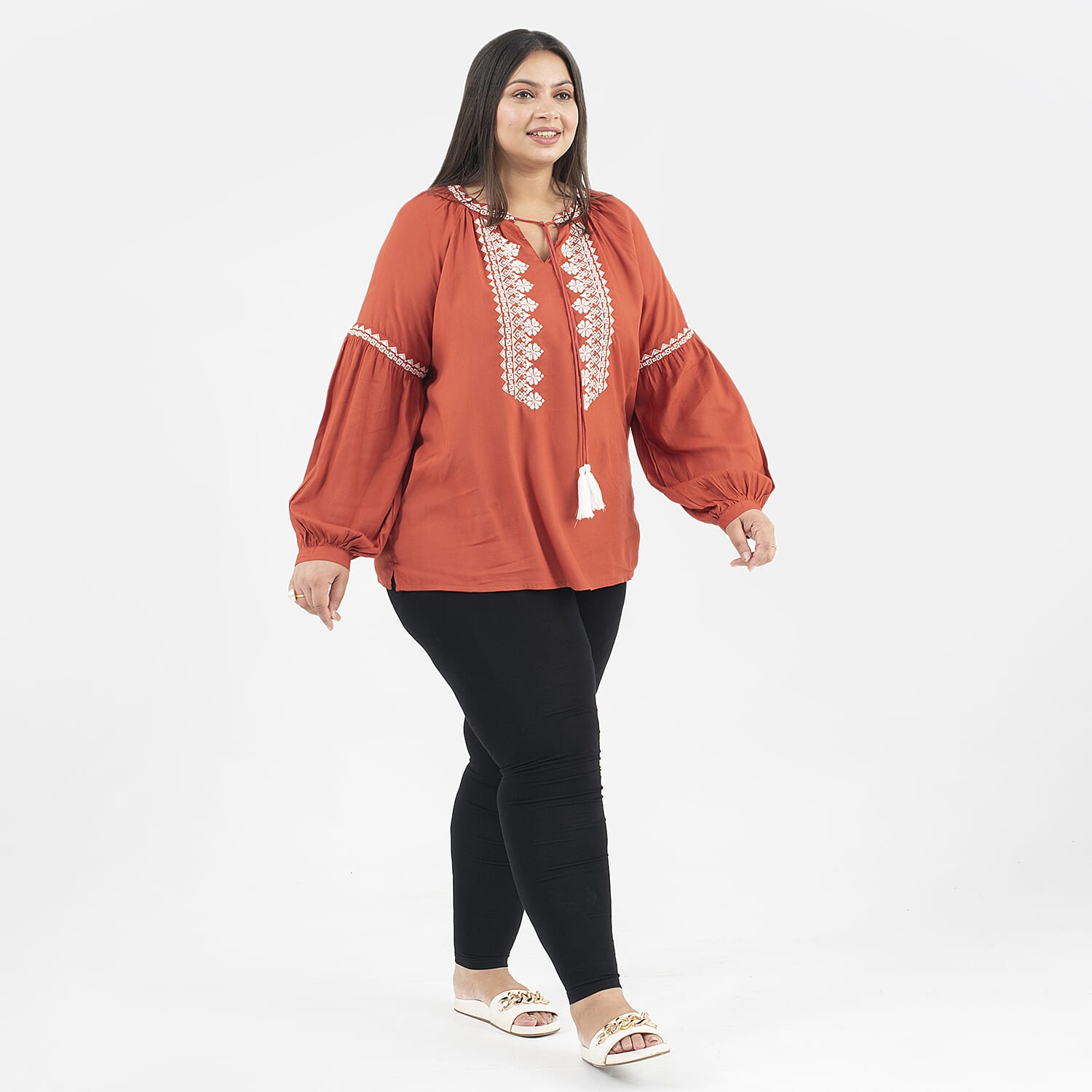 Tamsy 100% Viscose Embroidery Top with Doori Tassel Full Sleeves (Size XXL,24-26) - Paprika