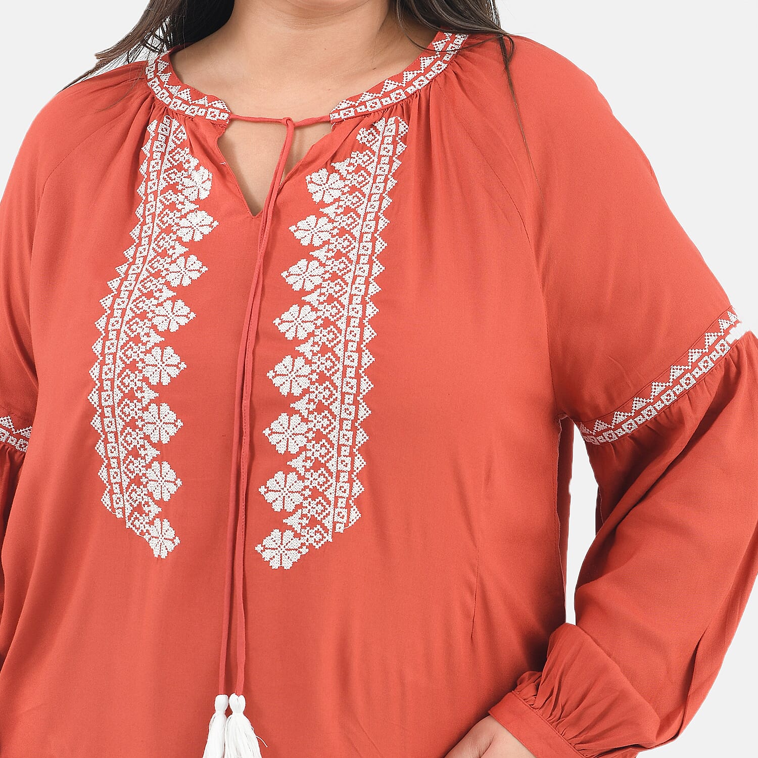 Tamsy 100% Viscose Embroidery Top with Doori Tassel Full Sleeves (Size XXL,24-26) - Paprika